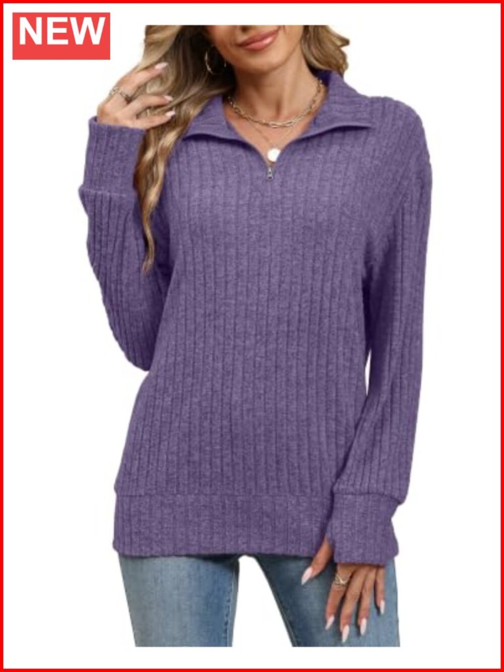 Womens Quarter Zip Pullover Sweater Long Sleeve Ribbed Thumbholes - Picture 3 of 4